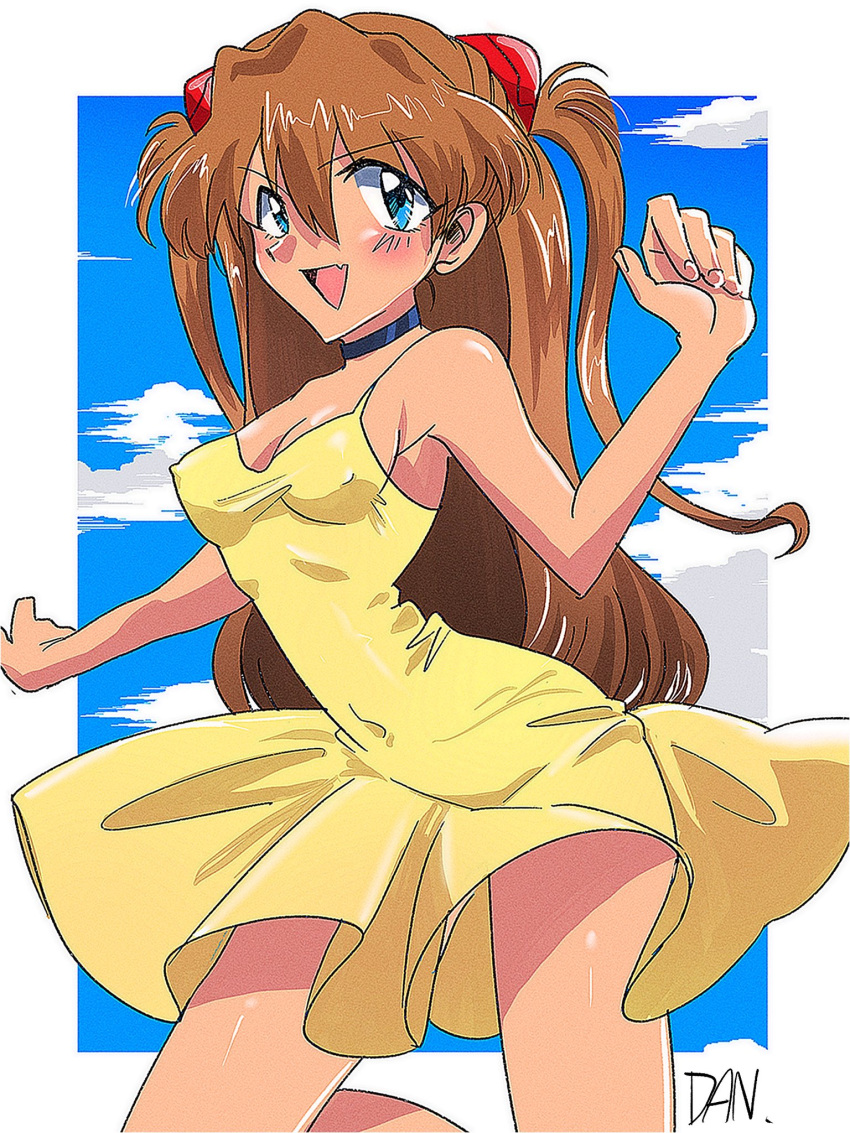 1girl blue_eyes blush breasts brown_hair dan_da_dan86 dress hair_between_eyes highres interface_headset long_hair looking_at_viewer medium_breasts neon_genesis_evangelion open_mouth solo souryuu_asuka_langley sundress two_side_up