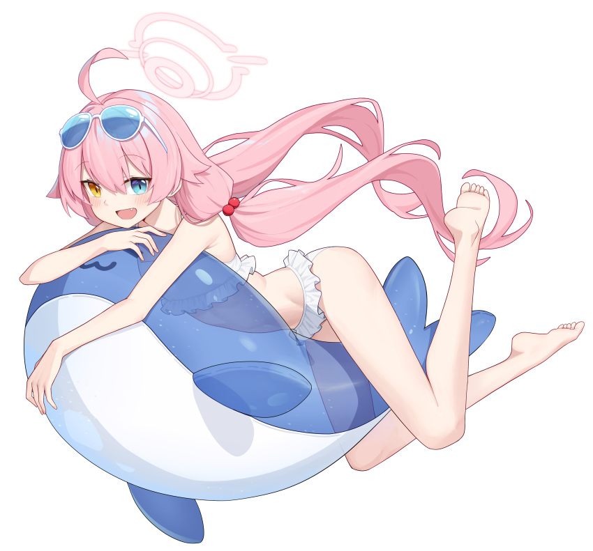 1girl absurdres ahoge bare_arms barefoot bikini bikini_skirt blue_archive blue_eyes commentary faldues_(gavin_b) feet frilled_bikini frills hair_between_eyes hair_bobbles hair_ornament halo heterochromia highres hoshino_(blue_archive) hoshino_(swimsuit)_(blue_archive) huge_ahoge inflatable_toy inflatable_whale legs legs_up low_twintails official_alternate_costume official_alternate_hairstyle pink_hair pink_halo soles solo swimsuit toes twintails white_bikini yellow_eyes