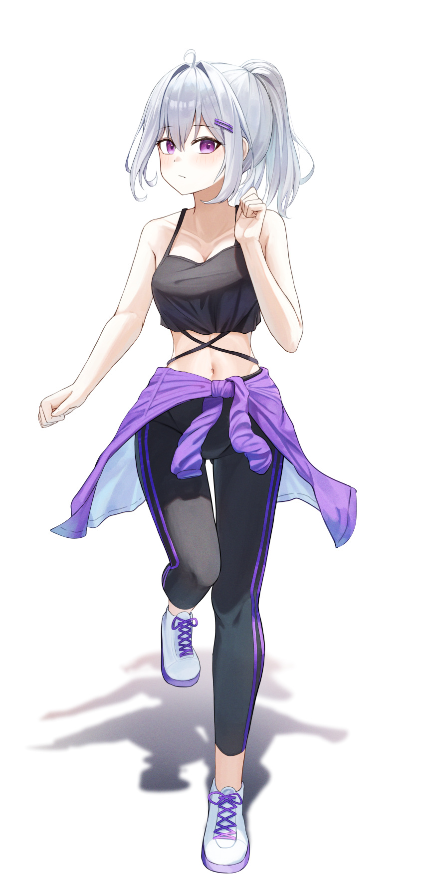 1girl absurdres ahoge arch_a4 bare_shoulders black_camisole black_pants breasts camisole clothes_around_waist collarbone crop_top grey_hair hair_intakes hair_ornament hairclip highres ine_(vtuber) jacket jacket_around_waist long_hair medium_breasts midriff navel pants ponytail purple_eyes purple_jacket running shoes sneakers solo stomach virtual_youtuber waktaverse white_background white_footwear