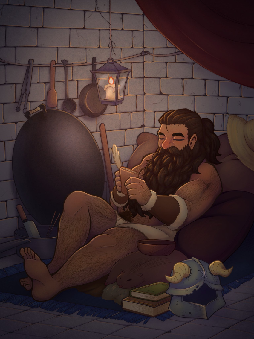 1boy bara beard brick_wall brown_hair closed_eyes comic_panel_redraw dark-skinned_male dark_skin derivative_work dungeon_meshi dwarf facial_hair fake_horns feet full_body hairy hand_hair helmet highres holding holding_quill horned_helmet horns knuckle_hair long_beard male_focus muscular muscular_male quill sanjiwifeguy senshi_(dungeon_meshi) short_shorts shorts sitting soles solo thick_arm_hair thick_chest_hair thick_leg_hair thick_mustache unworn_headwear unworn_helmet very_hairy very_long_beard wok