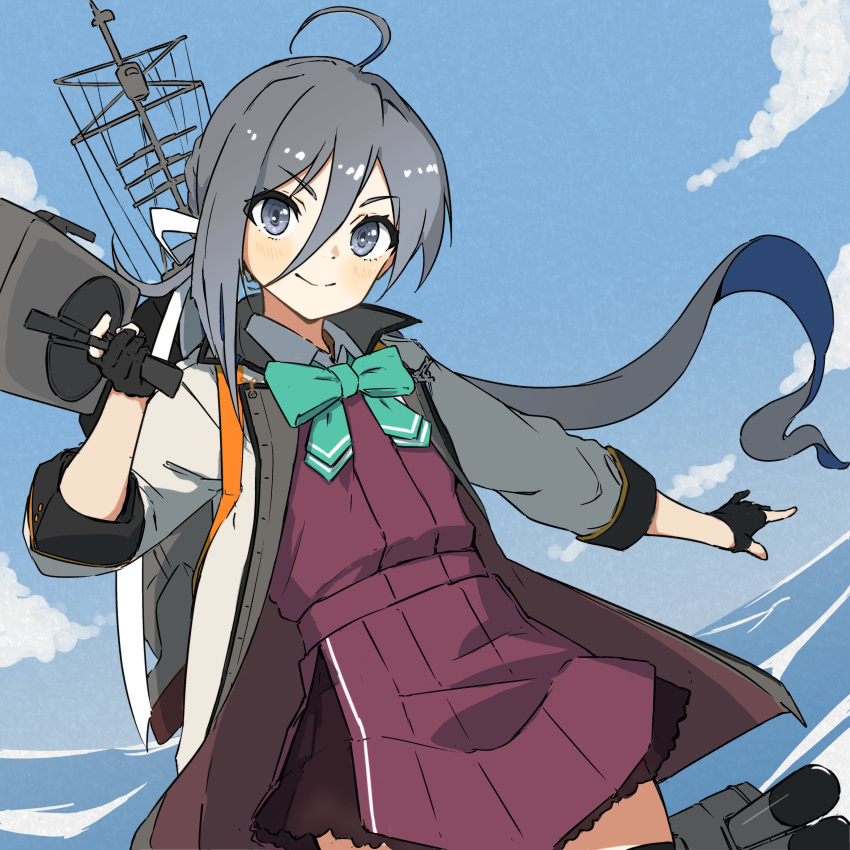 1girl absurdres adapted_turret ahoge aqua_bow aqua_bowtie bigkwl black_gloves blue_sky bow bowtie cannon cloud coat cowboy_shot day gloves grey_coat grey_eyes grey_hair grey_pantyhose hair_between_eyes highres kantai_collection kiyoshimo_(kancolle) kiyoshimo_kai_ni_(kancolle) long_hair low_twintails mast ocean outdoors pantyhose partially_fingerless_gloves sky smile solo torpedo_launcher turret twintails very_long_hair water