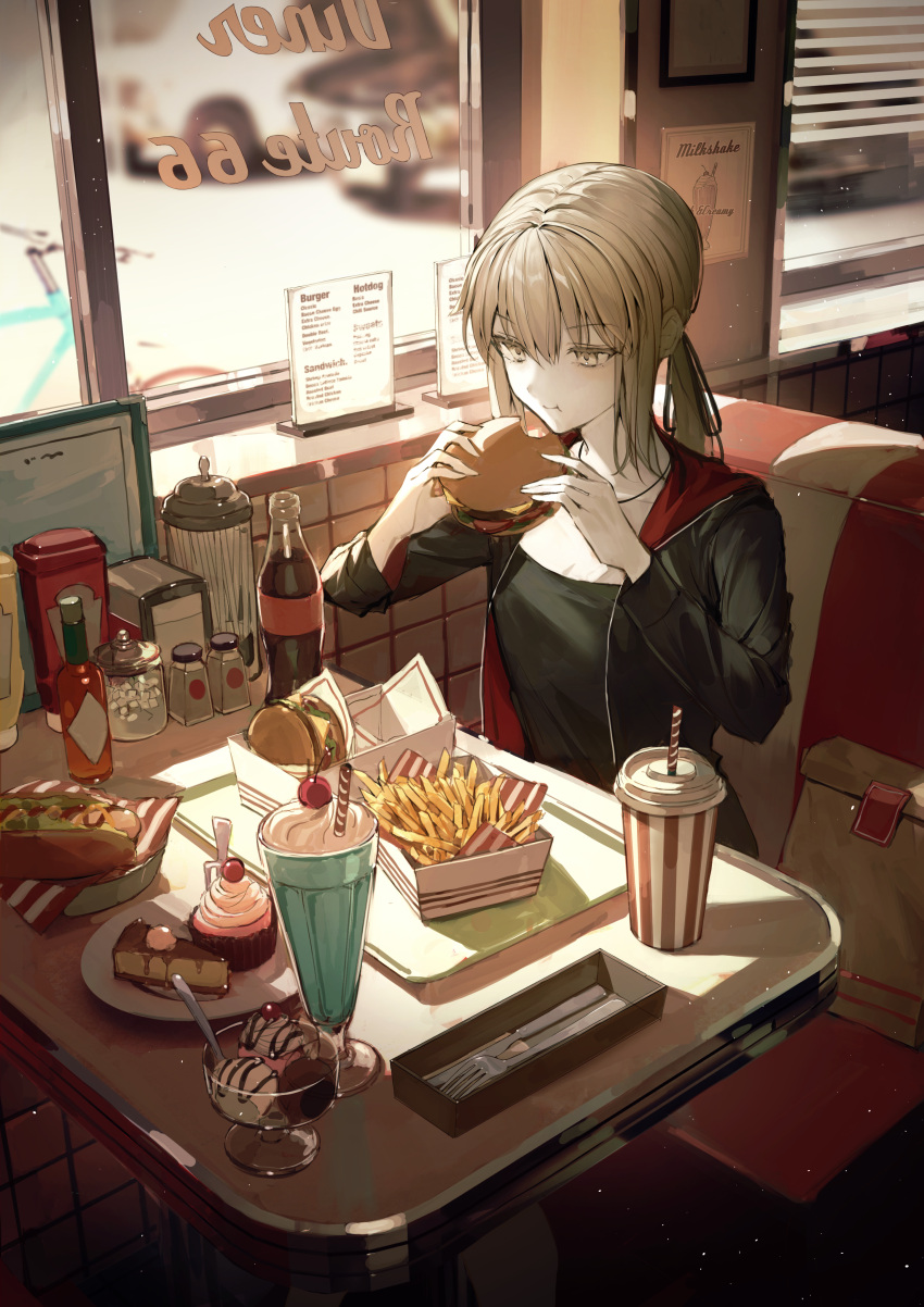 1girl :t absurdres artoria_pendragon_(fate) black_jacket black_shirt booth_seating brown_eyes burger diner drink eating fate/grand_order fate_(series) food french_fries glass_bottle hair_between_eyes highres holding holding_food hood hood_down hooded_jacket indoors jacket light_brown_hair long_hair looking_at_food low_ponytail menu_board open_clothes open_jacket saber_alter saber_alter_(ver._shinjuku_1999)_(fate) shirt sidelocks sitting solo table tamitami window window_blinds