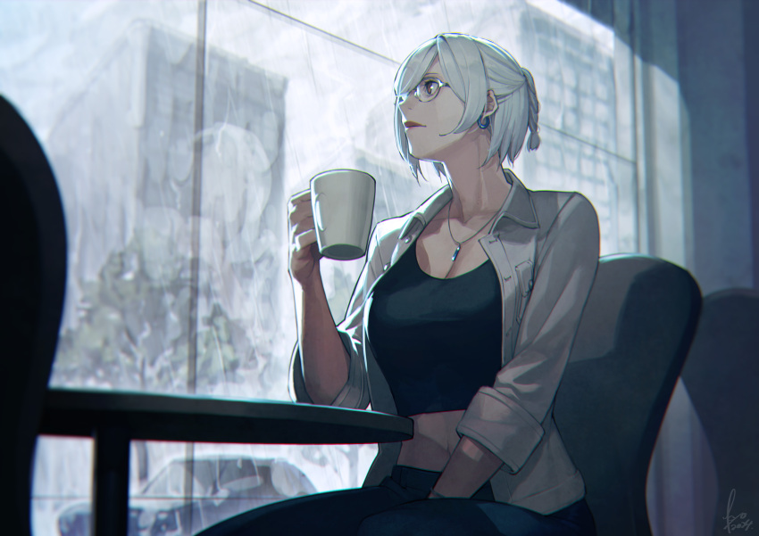 1girl absurdres black_tank_top breasts chair cleavage collared_shirt cup earrings glasses highres holding holding_cup jewelry kyo_(kuroichigo) large_breasts looking_outside midriff necklace original shirt silo sitting sleeves_rolled_up solo table tank_top white_hair window