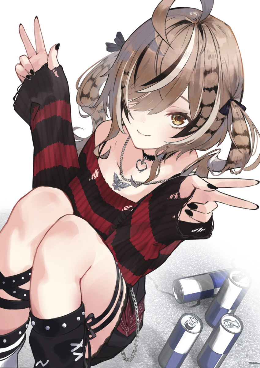 1girl absurdres ahoge black_hair black_leg_warmers black_nails black_ribbon black_sweater breasts brown_hair can choker double_v drink_can fishnet_socks fishnets hair_over_one_eye hair_ribbon highres hololive hololive_english huge_ahoge jewelry lace-trimmed_choker lace_trim large_breasts long_hair looking_at_viewer multicolored_hair nail_polish nanashi_mumei nanashi_mumei_(4th_costume) necklace official_alternate_costume red_sweater reon_(98109reon) revision ribbon smile socks soda_can solo squatting streaked_hair striped_clothes striped_sweater sweater thigh_strap torn_clothes torn_sweater twintails v virtual_youtuber white_hair white_leg_warmers