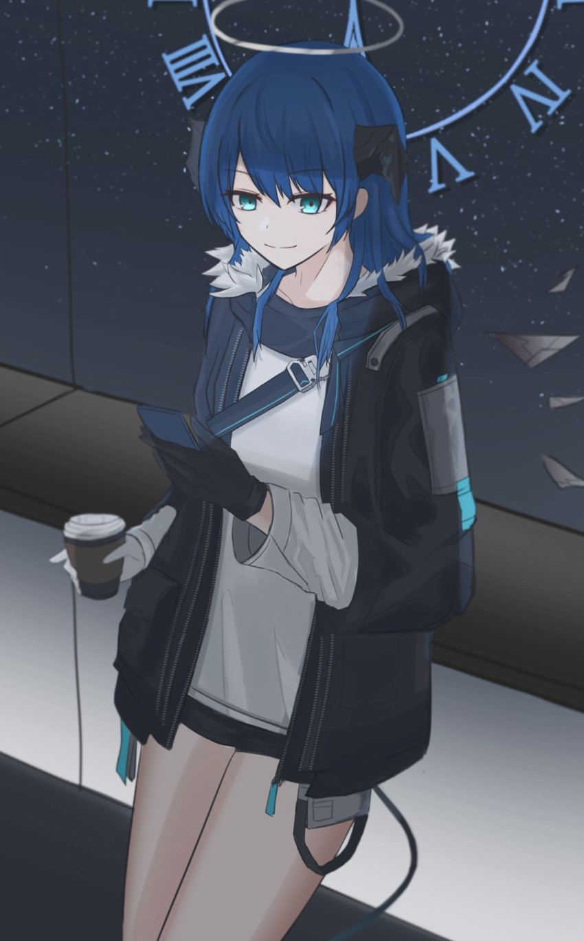 1girl absurdres arknights black_gloves black_jacket blue_eyes blue_hair cellphone coffee_cup cup demon_horns detached_wings disposable_cup fur_trim gloves halo highres holding holding_cup holding_phone hood horns jacket long_hair long_sleeves mostima_(arknights) myb52 open_clothes phone shirt simple_background smartphone smile solo strap tail white_gloves white_shirt wings