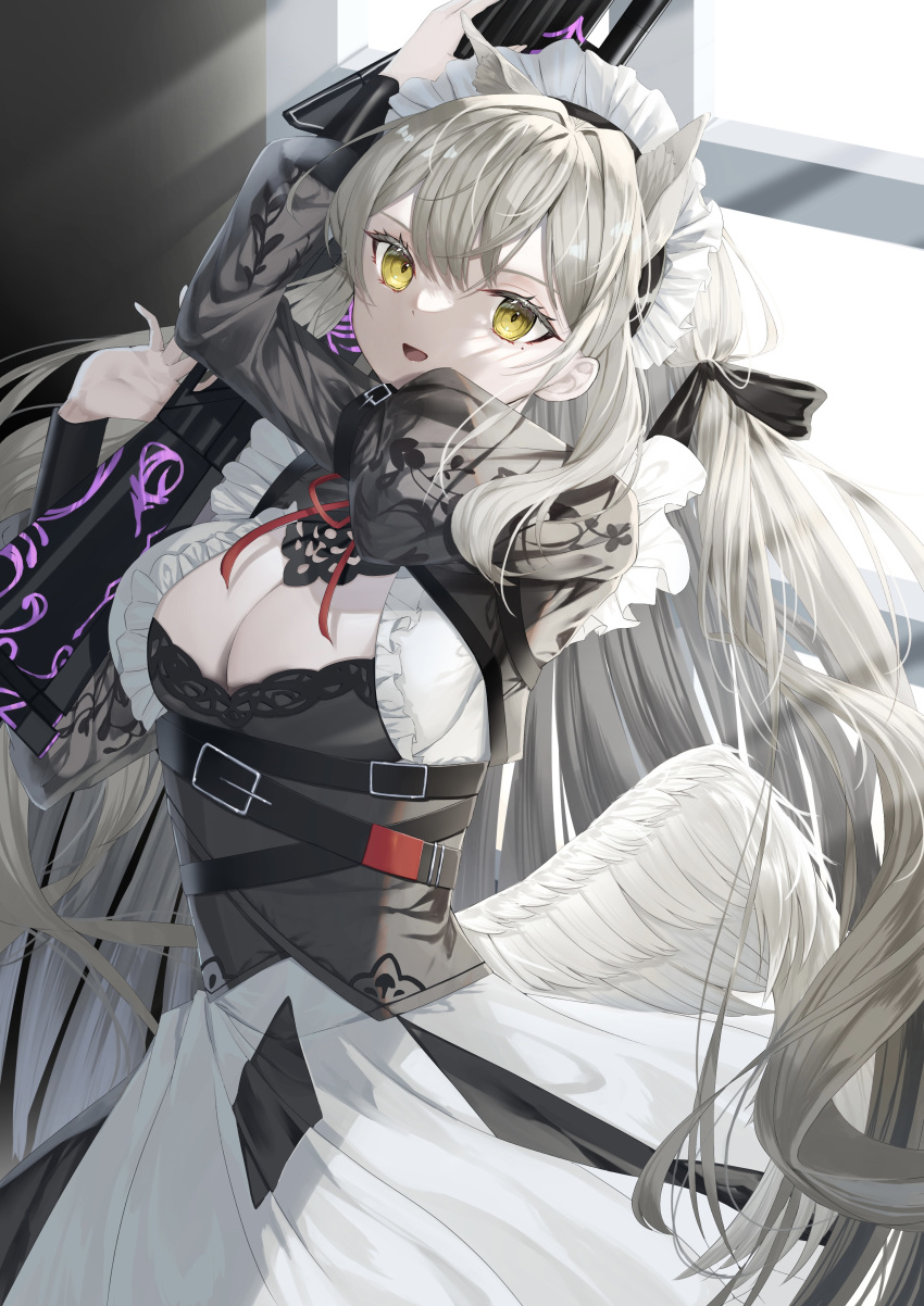 1girl absurdres animal_ears arm_belt belt black_belt black_dress black_ribbon black_sleeves breasts cleavage dress echocalypse feathered_wings frills grey_hair gun hair_ribbon highres holding holding_gun holding_weapon juliet_sleeves large_breasts long_hair long_sleeves low_wings maid maid_headdress mole mole_under_eye nyla_(echocalypse) open_mouth puffy_sleeves ribbon rifle solo teacup_(teacup1031) two-tone_dress very_long_hair weapon white_wings wings yellow_eyes