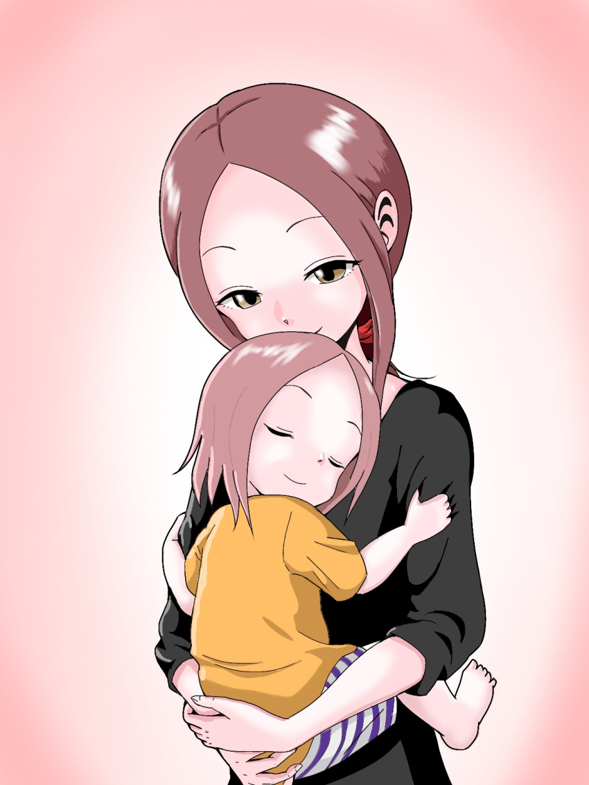 1boy 1girl breasts brown_eyes carrying child closed_eyes commentary_request forehead hair_tie hatomugi_(user_datj4345) highres karakai_jouzu_no_(moto)_takagi-san karakai_jouzu_no_takagi-san low_ponytail mother_and_daughter nishikata_chii ponytail shorts smile striped_clothes striped_shorts takagi-san