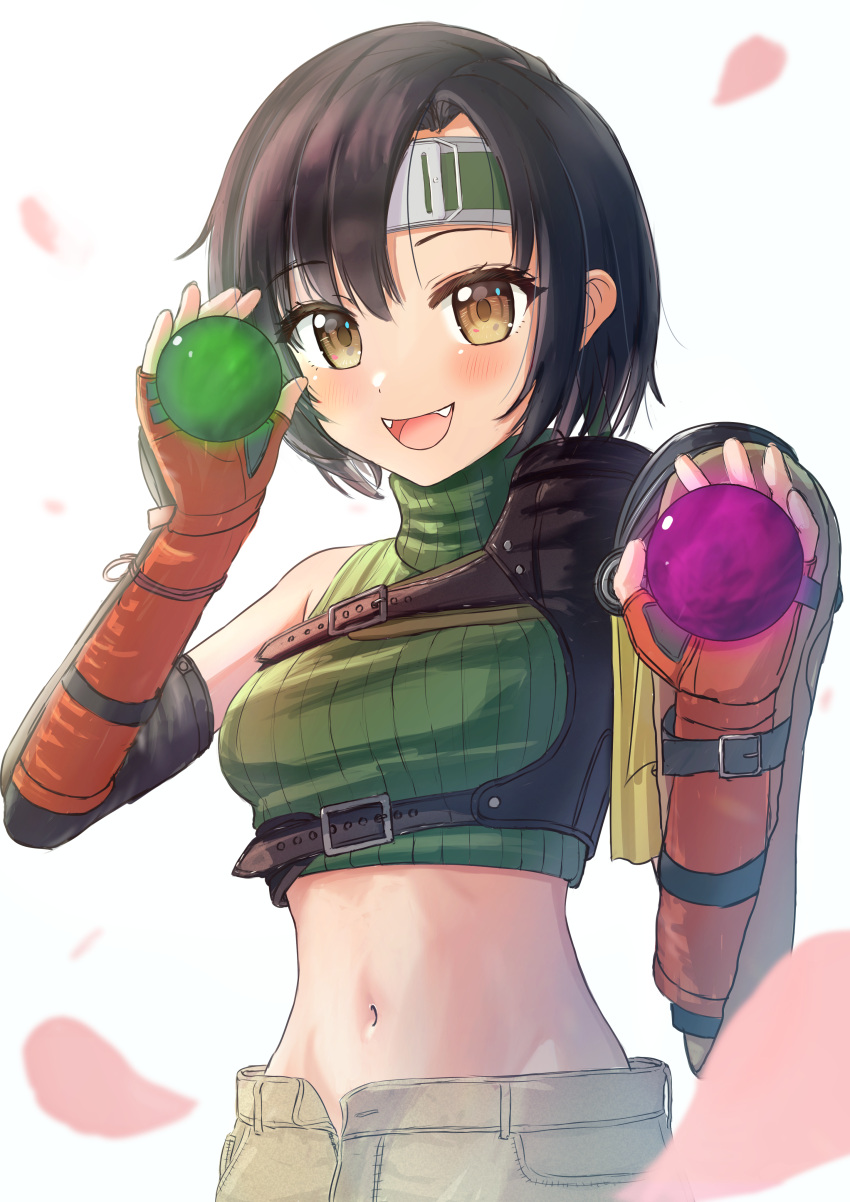 1girl :d absurdres armor blush breasts brown_eyes brown_hair brown_shorts crop_top elbow_gloves falling_petals fangs final_fantasy final_fantasy_vii forehead_protector gloves green_headband green_sweater groin headband highres holding honda_dousuiyuu looking_at_viewer materia medium_breasts midriff navel open_fly open_mouth orange_gloves pauldrons petals pink_petals ribbed_sweater short_hair shorts shoulder_armor single_bare_shoulder single_pauldron sleeveless sleeveless_turtleneck smile solo sweater turtleneck turtleneck_sweater upper_body white_background yuffie_kisaragi