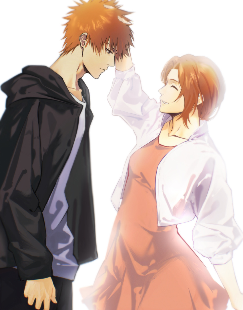 1boy 1girl absurdres black_jacket black_pants bleach brown_eyes closed_eyes collarbone dress hair_between_eyes headpat highres hood hood_down hooded_jacket ihsekodwww jacket kurosaki_ichigo kurosaki_masaki light_smile long_sleeves looking_at_another mother_and_son open_clothes open_jacket orange_dress orange_hair pants parted_bangs remembering shirt smile spiked_hair white_background white_jacket white_shirt