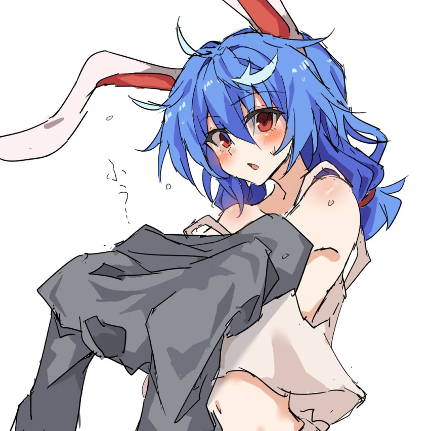 1girl animal_ears blue_hair blush commentary_request looking_at_viewer medium_hair messy_hair mifutatsu open_mouth rabbit_ears rabbit_girl red_eyes seiran_(touhou) simple_background solo touhou upper_body white_background