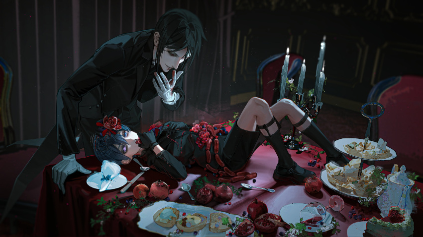 2boys absurdres alcohol apple black_footwear black_gloves black_hair black_jacket black_pants black_suit blue_eyes blue_hair bread butler buttons cake candle chair ciel_phantomhive cup drinking_glass flower food fruit gloves grapes hair_flower hair_ornament heterochromia highres holding holding_food holding_fruit indoors jacket kuroshitsuji looking_at_another lying male_focus multiple_boys on_table open_mouth pale_skin pants plate purple_eyes red_eyes red_flower sausage sebastian_michaelis shorts spoon suit table teacup tomato veil victorian white_gloves wine wine_glass yisuan23