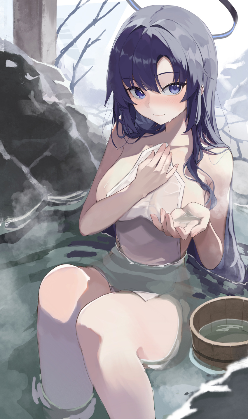 1girl absurdres bathing blue_archive blush breasts bucket covering_privates halo highres knees_up large_breasts long_hair looking_at_viewer nude_cover onsen partially_submerged purple_eyes purple_hair refraction sitting solo steam straight_hair sukoyaka_konbu very_long_hair wooden_bucket yuuka_(blue_archive)