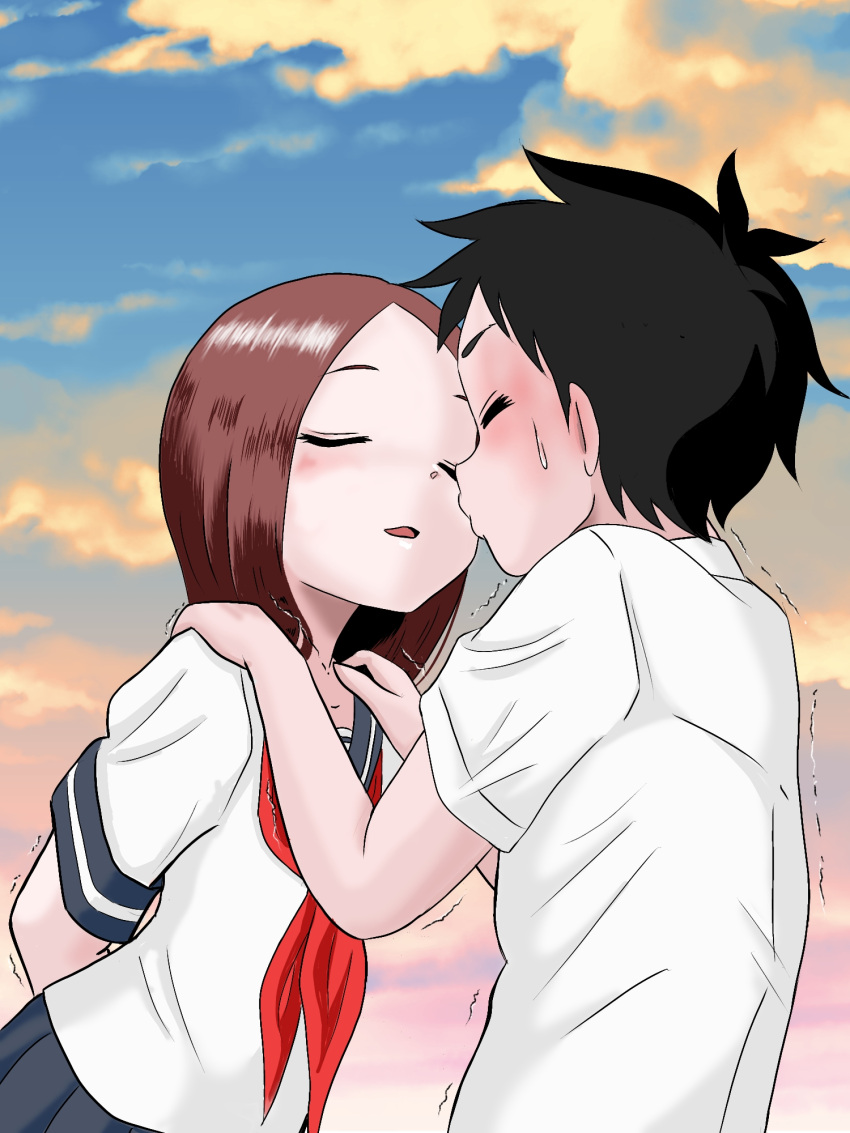 1boy 1girl arms_behind_back black_hair closed_eyes cloud cloudy_sky commentary_request forehead hatomugi_(user_datj4345) hetero highres imminent_kiss karakai_jouzu_no_takagi-san nervous nishikata parted_lips puckered_lips school_uniform serafuku sky takagi-san trembling