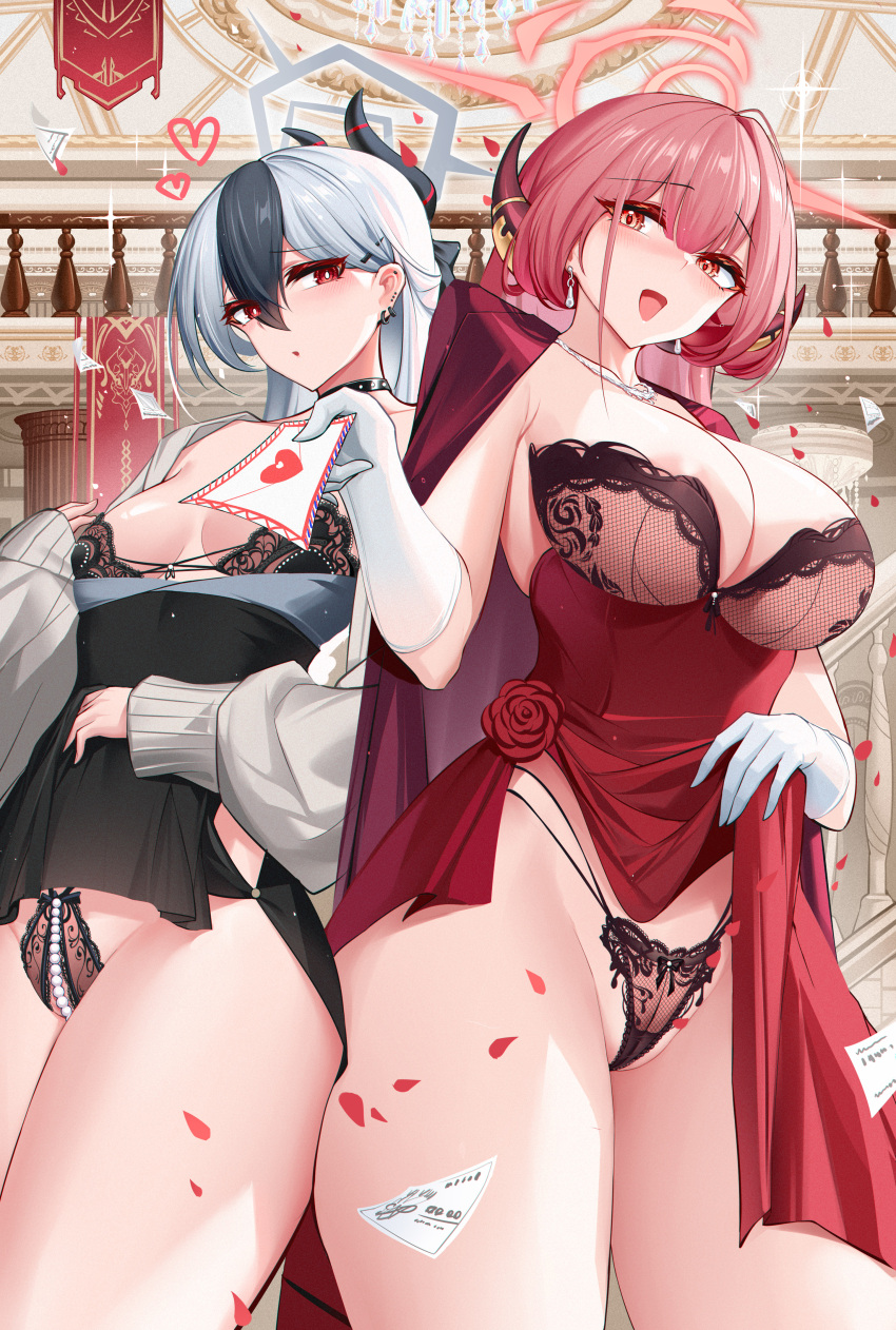 2girls :d absurdres areola_slip aru_(blue_archive) aru_(dress)_(blue_archive) black_bra black_dress black_horns black_panties blue_archive bra breasts bright_pupils chinese_commentary commentary_request dress earrings elbow_gloves falling_petals garden01 gloves halo heart highres horns indoors jewelry kayoko_(blue_archive) kayoko_(dress)_(blue_archive) large_breasts long_hair multiple_girls official_alternate_costume open_mouth panties petals red_dress red_eyes red_hair red_halo small_breasts smile underwear white_gloves white_pupils