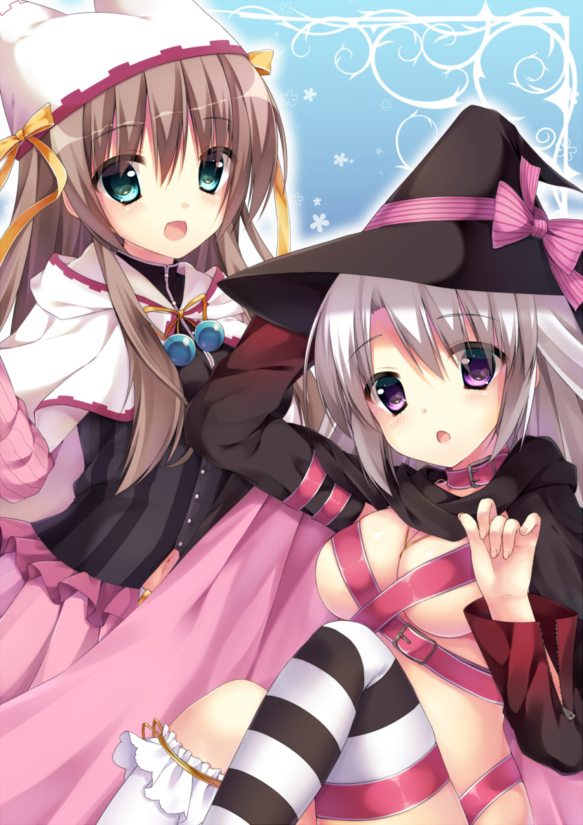 2girls :d :o animal_ear_headwear aqua_eyes ayachi_nene belt belt_bra black_cloak black_headwear black_shirt blue_background blush bow breasts brown_hair cape cloak closed_mouth commentary_request cowboy_shot detached_sleeves eyes_visible_through_hair grey_hair hair_between_eyes hand_on_headwear hand_up hat hat_bow hat_ribbon highres knees_up large_breasts long_hair long_sleeves looking_at_viewer magical_girl multiple_girls okazaki_milte open_mouth pink_belt pink_bow purple_eyes ribbon sanoba_witch shiiba_tsumugi shirt sidelocks simple_background single_thighhigh sitting smile striped_clothes striped_thighhighs thighhighs white_cape wide_sleeves witch yellow_ribbon