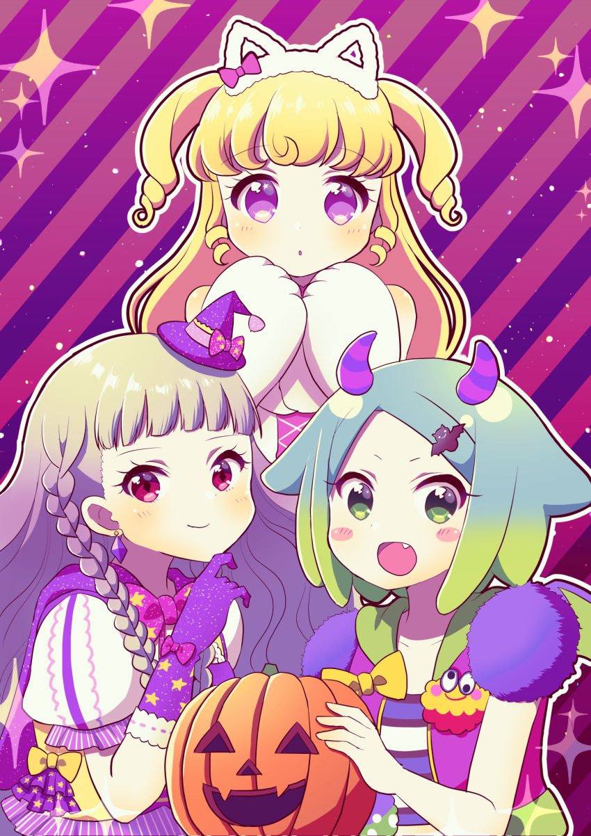 3girls :d animal_ear_hairband animal_ears animal_hands blonde_hair blunt_bangs blush cat_ear_hairband cat_ears closed_mouth demon_horns earrings fake_animal_ears fang gloves green_eyes green_hair grey_hair hairband halloween halloween_costume hand_on_own_chin hands_up hat highres horns idol_time_pripara jack-o'-lantern jewelry koda_michiru kokichi_yoko long_hair looking_at_viewer miichiru_(pripara) mini_hat mini_witch_hat multiple_girls nijiiro_nino open_mouth outline paw_gloves pretty_series pripara puffy_short_sleeves puffy_sleeves purple_background purple_eyes purple_gloves purple_horns red_eyes ringlets short_hair short_sleeves smile striped_background swept_bangs two_side_up upper_body very_long_hair wavy_hair white_outline witch_hat yumekawa_yui