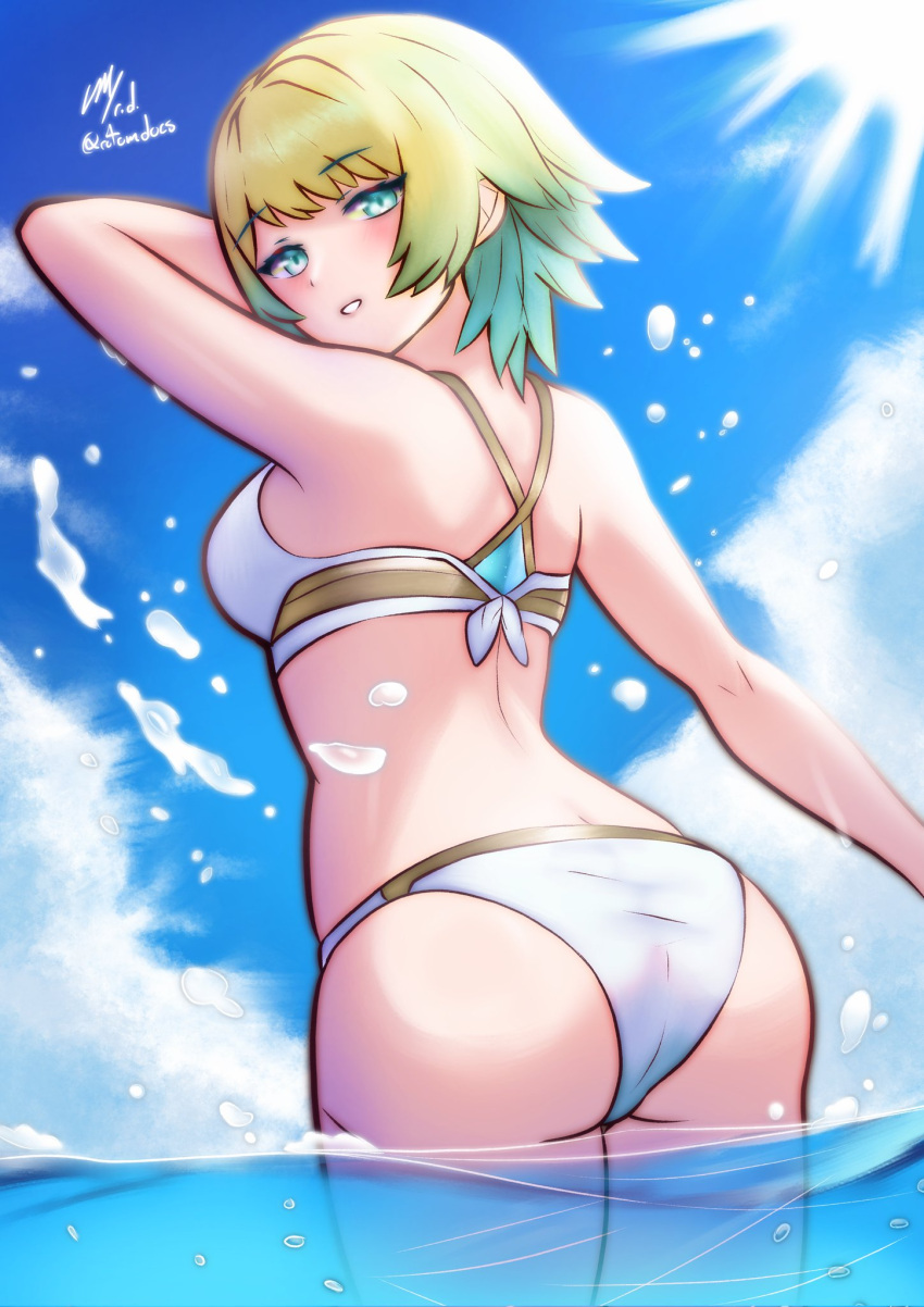 1girl alternate_costume ass back bikini blonde_hair blush breasts fire_emblem fire_emblem_heroes fjorm_(fire_emblem) fjorm_(summer)_(fire_emblem) highres looking_at_viewer multicolored_hair rotomdocs short_hair sky small_breasts smile solo swimsuit water white_bikini