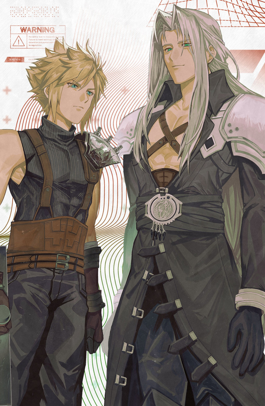 2boys abstract_background absurdres armor belt black_belt black_coat black_gloves black_pants black_sweater blonde_hair blue_eyes boots buster_sword chest_strap clenched_hand cloud_strife coat english_text final_fantasy final_fantasy_vii final_fantasy_vii_remake glaring gloves green_eyes grey_hair high_collar highres holding holding_sword holding_weapon keiseki1 knee_boots light_smile long_bangs long_hair looking_at_another male_focus multiple_belts multiple_boys muscular muscular_male open_clothes open_coat pants parted_bangs pauldrons sephiroth serious short_hair shoulder_armor single_pauldron sleeveless sleeveless_sweater sleeveless_turtleneck slit_pupils spiked_hair standing suspenders sweater sword turtleneck turtleneck_sweater upper_body weapon