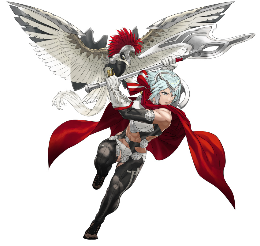 1girl abs absurdres animal armor axe bare_shoulders battle_axe bird blue_hair breastplate cape commentary_request dagr_(fire_emblem) fire_emblem fire_emblem_heroes full_body gloves grey_eyes headpiece highres holding holding_weapon kozaki_yuusuke leg_up light_blue_hair lips midriff muscular muscular_female obliques official_art parted_lips red_cape short_hair solo toeless_footwear toes transparent_background weapon wings