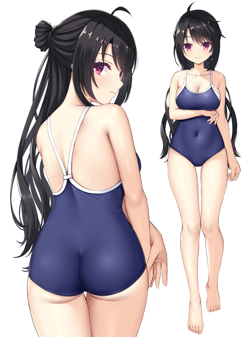 1girl :3 absurdres ahoge alternate_costume arm_at_side arm_under_breasts ass back bare_arms bare_legs barefoot black_hair blush breasts cameltoe cleavage closed_mouth collarbone colored_eyelashes commentary_request commission covered_navel eyelashes feet full_body hair_bun half_updo highres hoshikawa_kaguya large_breasts legs long_hair looking_at_viewer looking_back multiple_views ncontrail_(mgax7527) new_school_swimsuit own_hands_together school_swimsuit single_hair_bun skeb_commission smile solo split_mouth standing swept_bangs swimsuit tenshi_souzou_re-boot! thigh_gap thighs toenails toes very_long_hair white_background