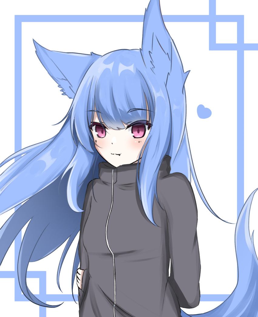 1girl absurdres animal_ear_fluff animal_ears arm_behind_back arm_grab black_jacket blue_background blue_hair blush breasts closed_mouth commentary_request fang fang_out floating_hair fox_ears fox_girl fox_tail heart highres jacket kuronagi_(mitora_uwu) long_hair looking_at_viewer original purple_eyes small_breasts smile solo tail track_jacket two-tone_background upper_body very_long_hair white_background