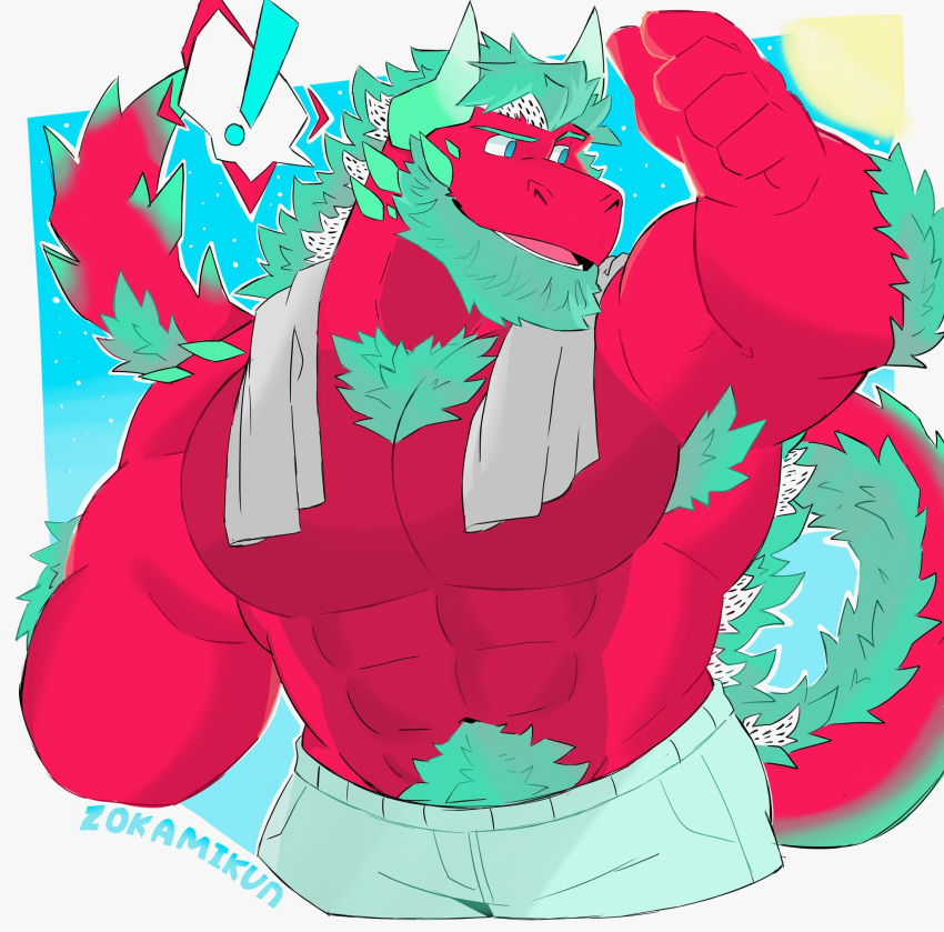 ! 1boy abs aqua_hair arm_up bara beard body_fur chest_tuft cropped_legs drago_(zokamikun) dragon_boy dragon_fruit dragon_horns facial_hair full_beard fur-tipped_tail furry furry_male gradient_horns green_horns highres horns large_pectorals looking_to_the_side male_focus multicolored_horns muscular muscular_male navel original pectorals solo spoken_exclamation_mark standing stomach strongman_waist thick_beard thick_navel_hair thick_thighs thighs topless_male