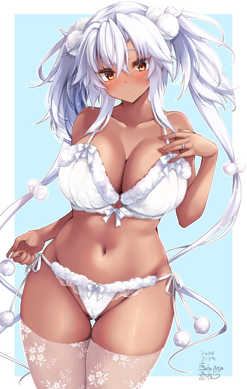 1girl absurdres alternate_costume artist_logo ass_visible_through_thighs bra breasts cleavage collarbone cowboy_shot dark-skinned_female dark_skin dated frilled_bra frilled_panties frills highres kantai_collection large_breasts long_hair mashiro_yukiya musashi_(kancolle) no_eyewear panties pom_pom_(clothes) red_eyes side-tie_panties solo thigh_gap thighhighs twintails underwear white_bra white_hair white_panties white_thighhighs