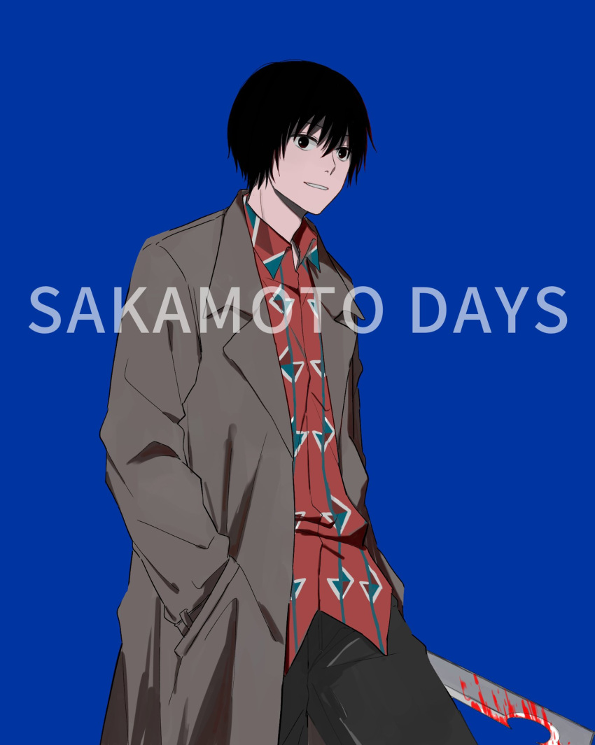 1boy black_hair blood blood_on_weapon blue_background brown_jacket coat hand_in_pocket highres holding holding_weapon jacket light_smile male_focus nagumo_(sakamoto_days) red_shirt rokuen_skd sakamoto_days shirt short_hair simple_background trench_coat walking weapon