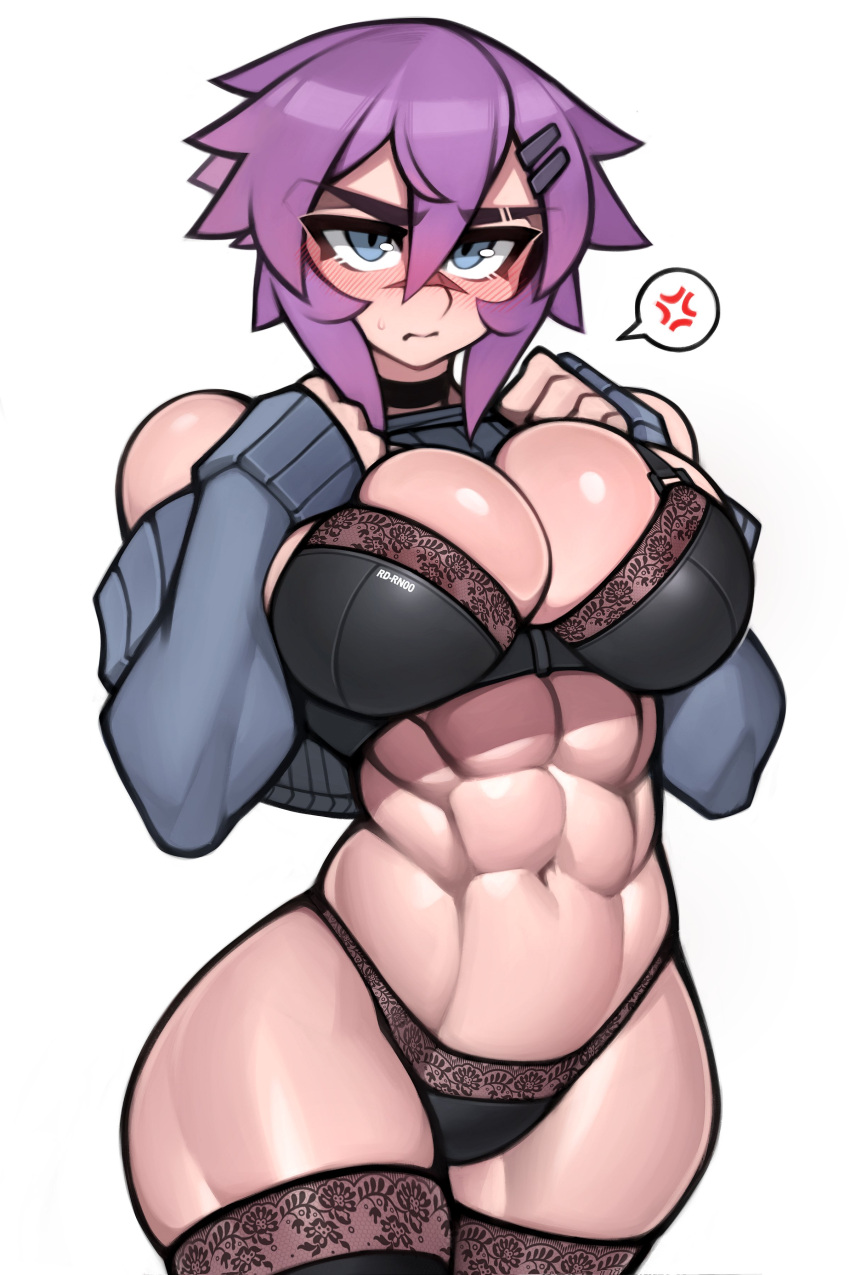 1girl abs absurdres anger_vein black_bra black_panties black_thighhighs blue_eyes blush bra breasts cleavage clothes_lift eyebrow_cut grey_background grey_sweater hair_between_eyes hair_ornament highres large_breasts looking_at_viewer maya_(roadi3) muscular muscular_female navel original panties purple_hair roadi3 scar scar_on_face scar_on_nose short_hair simple_background solo spoken_anger_vein sweater sweater_lift thick_thighs thighhighs thighs underwear