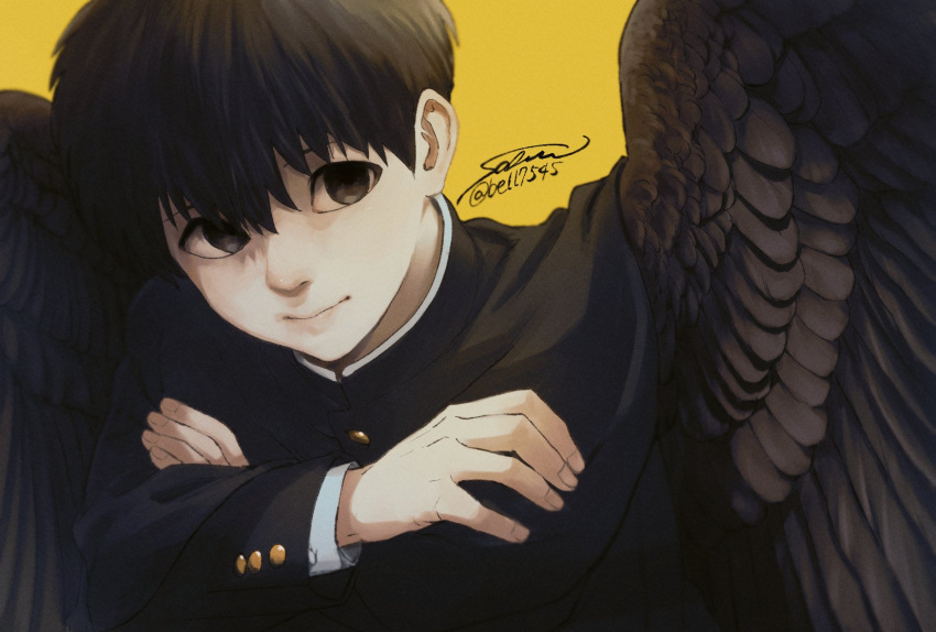 1boy bell7545 black_cloak black_hair black_wings cloak closed_mouth crossed_arms feathered_wings gakuran highres long_sleeves looking_at_viewer male_focus original school_uniform short_hair signature simple_background solo twitter_username upper_body wings wings_through_clothes yellow_background