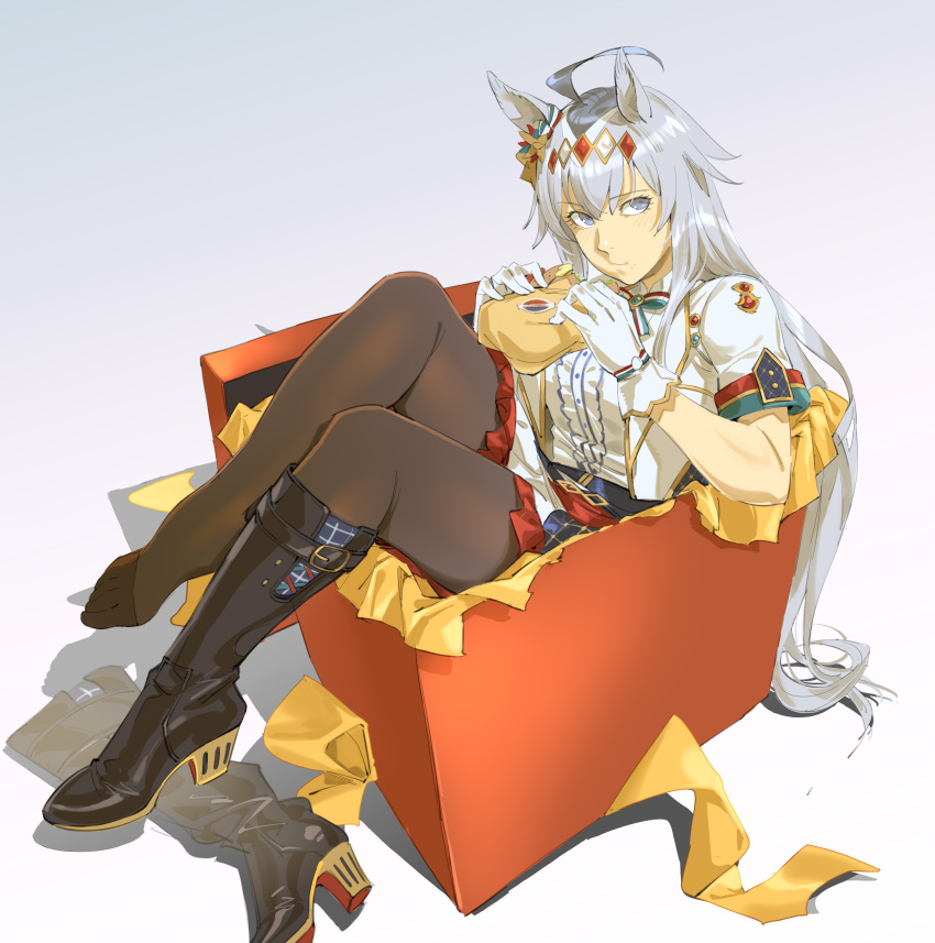 1girl absurdres ahoge animal_ears blue_eyes blush boots box brown_pantyhose character_request closed_mouth ear_ornament eating food food_on_face full_body gift gift_box gloves grey_hair hair_ornament hands_up highres holding holding_food horse_ears in_box in_container knees_up long_hair looking_at_viewer multicolored_hair pantyhose ruukii_drift short_sleeves single_boot sitting solo umamusume unworn_boots very_long_hair