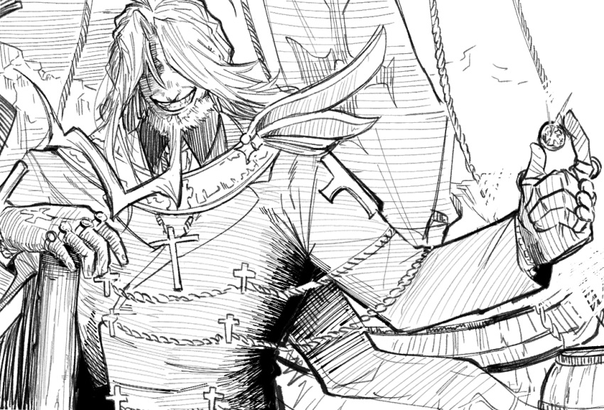 1boy ahoge beard character_request check_character christopher_columbus_(fate) coat coin cross_print evil_grin evil_smile facial_hair fate/grand_order fate_(series) full_beard greyscale grin hair_over_eyes hatching_(texture) holding holding_coin itaru_(kidomh63) long_beard long_hair male_focus mature_male monochrome official_alternate_costume old old_man pirate prehensile_facial_hair priest ship smile solo thick_beard thick_eyebrows upper_body watercraft