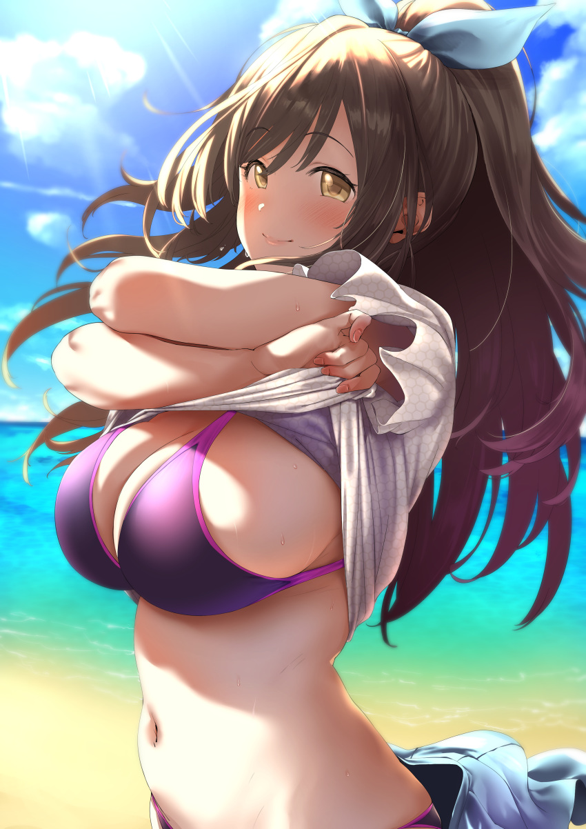 absurdres bangs beach beige_shirt bikini bikini_under_clothes black_hair blue_skirt blue_sky blush bow breasts brown_eyes brown_hair cleavage closed_mouth cloud day fanbox_reward frills hair_bow highres idolmaster idolmaster_shiny_colors large_breasts lifted_by_self long_hair looking_at_viewer navel ocean outdoors paid_reward pija_(pianiishimo) ponytail purple_bikini shirt_lift skirt sky sleeveless smile solo sunlight swimsuit tsukioka_kogane