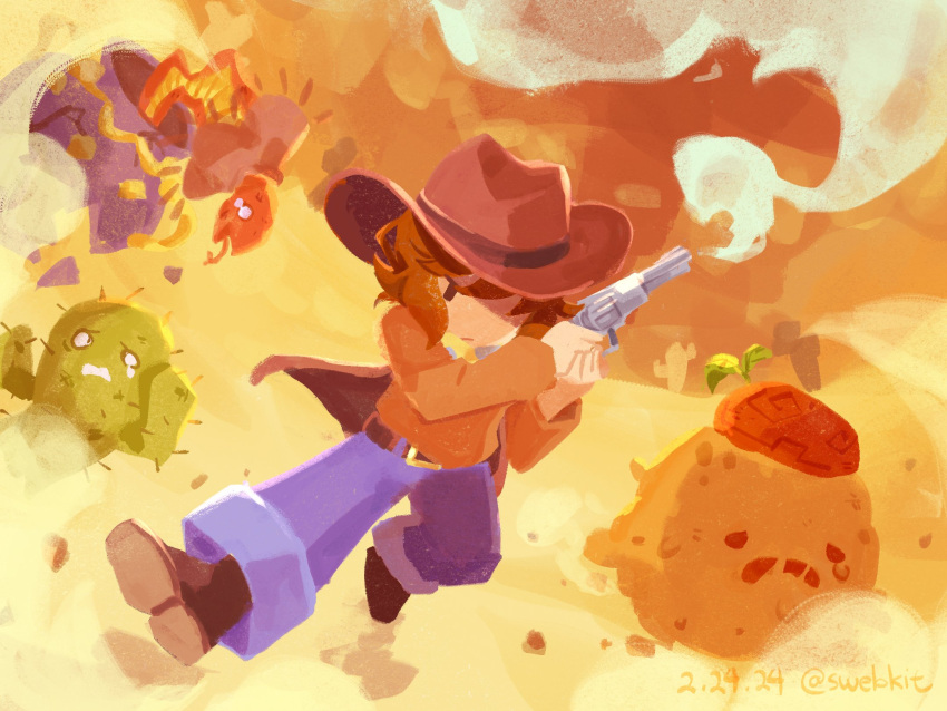 action_scene ambiguous_gender bodily_fluids boots bottomwear brown_hair bruised buckle cactony_(undertale_yellow) cactus clothing clover_(undertale_yellow) cowboy cowboy_hat crying denim denim_bottomwear denim_clothing desert dunebud_(undertale_yellow) elemental_creature feral fight flora_fauna footwear group gun hair hair_over_eye handgun hat headgear headwear hi_res holding_gun holding_object holding_ranged_weapon holding_weapon human human_focus jeans kerchief male mammal mineral_fauna neckerchief one_eye_obstructed pain pants pistol plant ranged_weapon reptile revolver running sand sand_creature scalie short_hair sir_slither_(undertale_yellow) smash_webkit smoke smoking_gun snake tears top_hat topwear undertale_(series) undertale_yellow vest weapon western young_(lore)