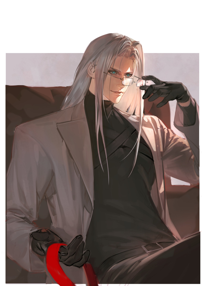 absurdres belt black_gloves final_fantasy final_fantasy_vii glasses gloves green_eyes highres jacket open_clothes open_jacket rucck2 sephiroth sitting sweater turtleneck turtleneck_sweater white_background white_hair