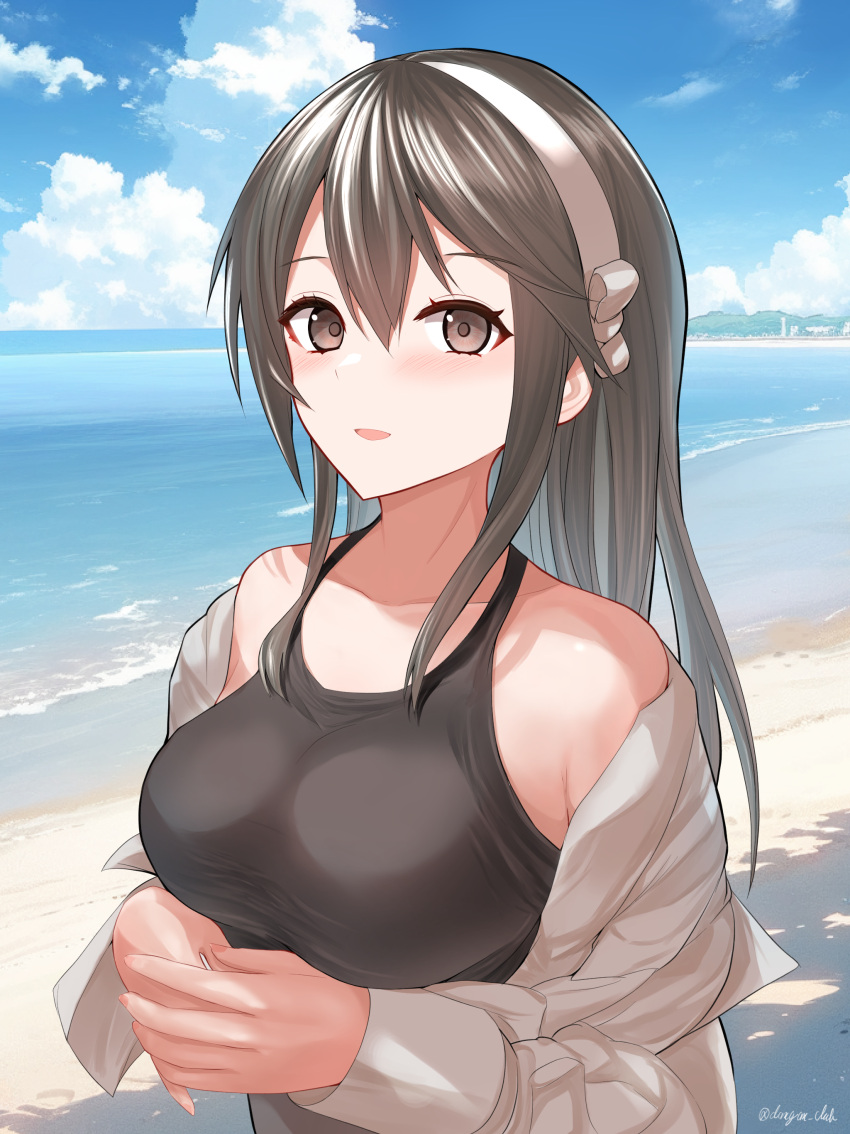 1girl absurdres adapted_costume alternate_costume beach black_hair black_one-piece_swimsuit blue_sky blush breasts brown_eyes cloud dangan_kurabu day hairband haruna_(kancolle) highres horizon kantai_collection large_breasts long_hair long_sleeves looking_at_viewer ocean one-piece_swimsuit outdoors sand sky smile solo swimsuit upper_body water