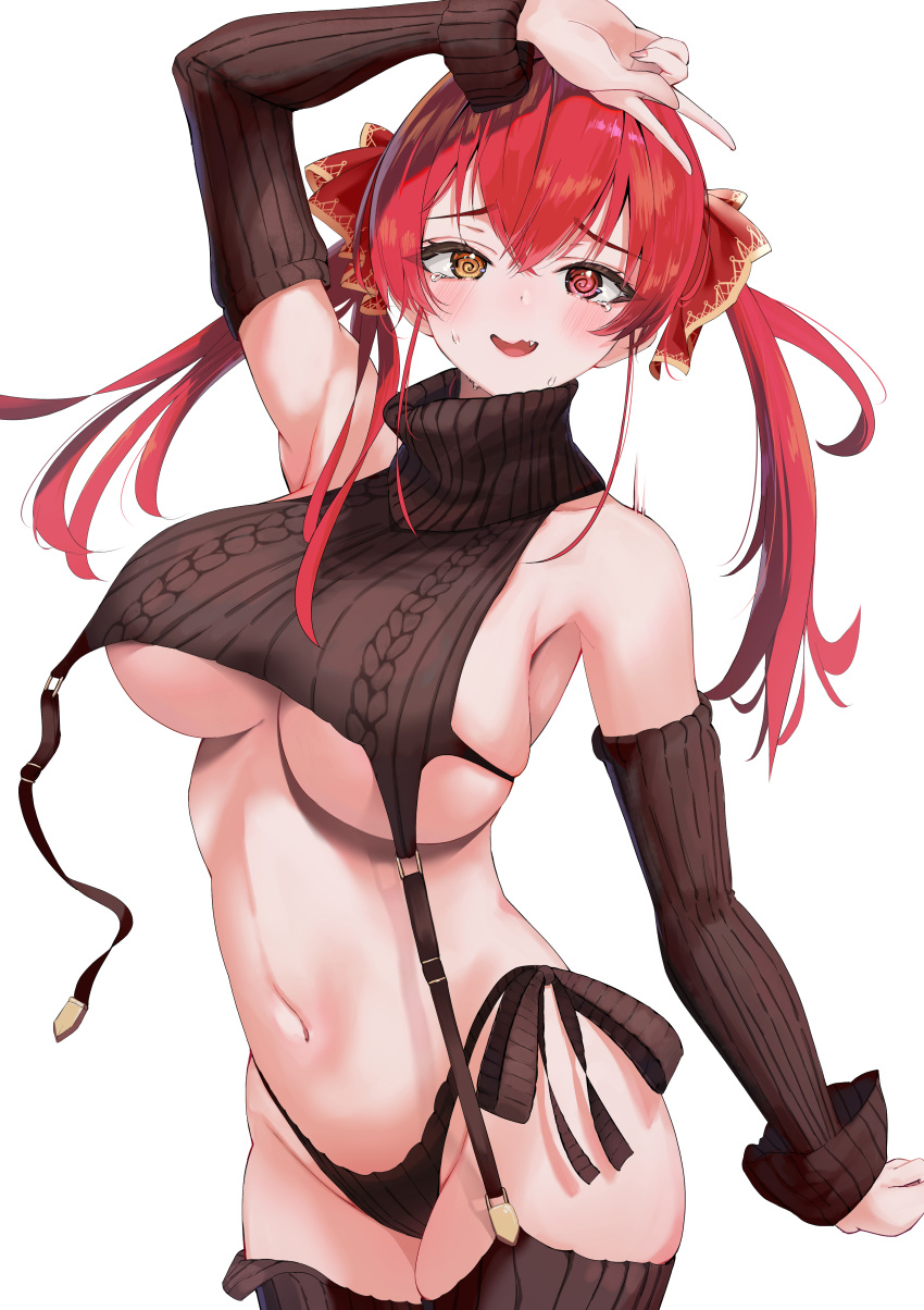 1girl absurdres aran_legwear bare_shoulders black_garter_straps black_panties black_sleeves black_sweater black_thighhighs blush breasts cleavage cropped_sweater detached_sleeves fang garter_straps hair_between_eyes hair_ribbon heterochromia highres hololive houshou_marine large_breasts long_hair looking_at_viewer meme_attire navel open_mouth panties puripuri red_eyes red_hair red_ribbon ribbed_legwear ribbed_panties ribbed_sleeves ribbed_sweater ribbed_thighhighs ribbon rolling_eyes side-tie_panties sideboob sleeveless sleeveless_sweater sleeveless_turtleneck solo sweater tears thighhighs turtleneck turtleneck_sweater twintails underboob underwear virgin_destroyer_sweater virtual_youtuber yellow_eyes