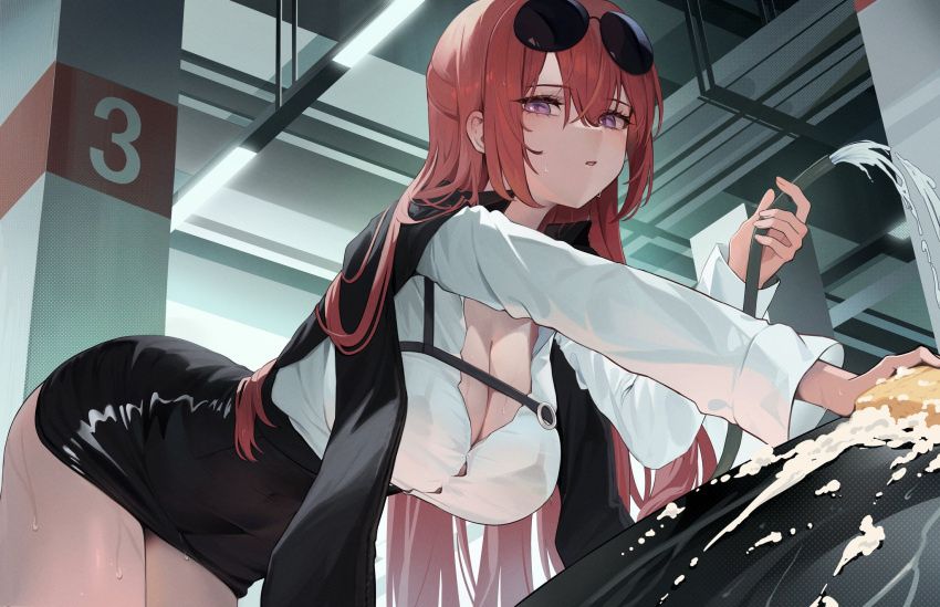 1girl azur_lane black_jacket black_skirt bra_visible_through_clothes breasts chest_strap cleaning cleavage eyewear_on_head hair_between_eyes hashtag_only_commentary highres holding holding_hose holding_sponge hose jacket jacket_on_shoulders large_breasts leaning_forward long_hair long_sleeves looking_at_viewer monarch_(azur_lane) monarch_(detective_arriving_on_the_scene)_(azur_lane) official_alternate_costume open_mouth pencil_skirt purple_eyes red_hair refla shirt skirt soap_bubbles solo sponge sunglasses washing_vehicle white_shirt yellow_sponge