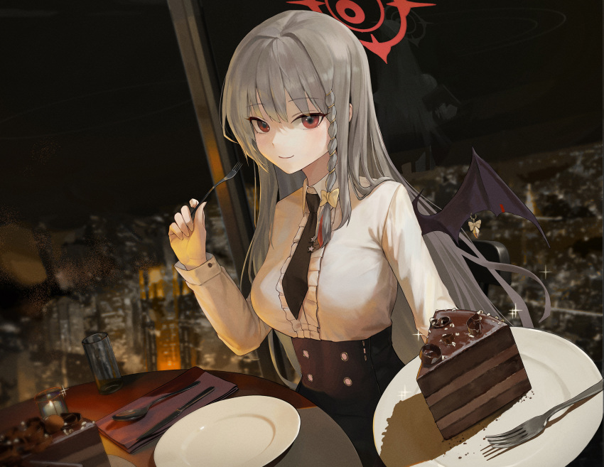 1girl black_necktie blue_archive blurry blurry_background bow braided_sidelock cake cake_slice chocolate_cake closed_mouth demon_wings food fork grey_hair hair_bow halo haruna_(blue_archive) highres holding holding_fork holding_plate knife long_hair looking_at_viewer necktie night plate red_eyes solo spoon sunj000 table wings