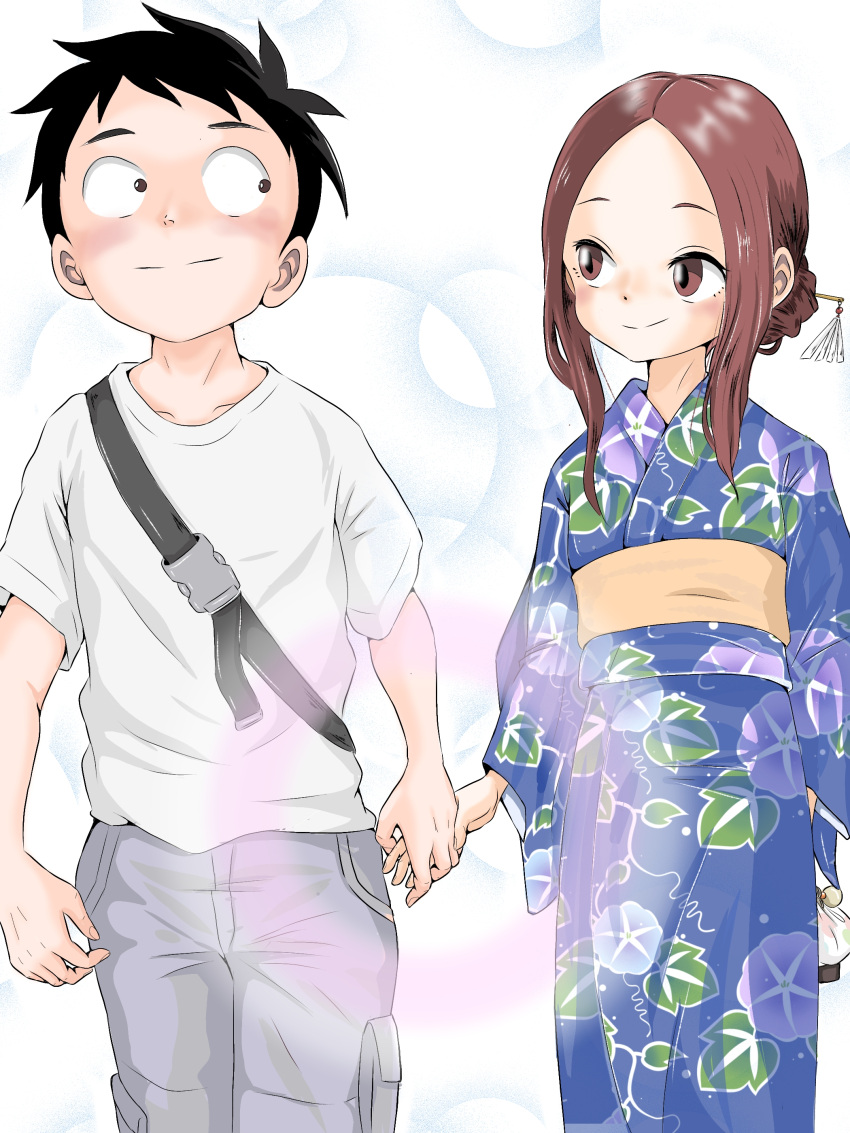 1boy 1girl absurdres black_hair blue_kimono blush brown_eyes brown_hair cargo_pants commentary_request forehead hair_ornament hair_stick hatomugi_(user_datj4345) hetero highres japanese_clothes karakai_jouzu_no_takagi-san kimono leaf_print nishikata obi pants sash shirt smile t-shirt takagi-san yukata