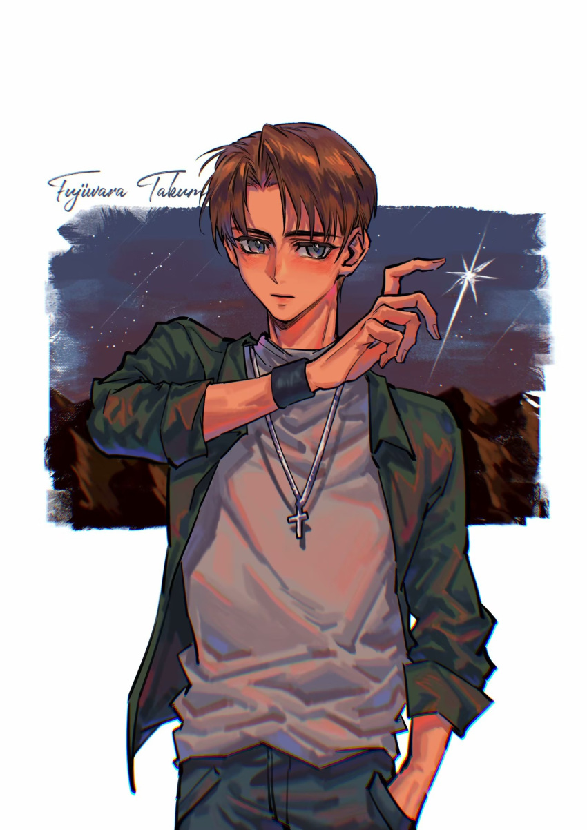 1boy blue_pants blue_shirt brown_hair character_name chinese_commentary cross cross_necklace denim fujiwara_takumi grey_shirt hair_behind_ear hand_in_pocket head_tilt highres initial_d jeans jewelry looking_at_viewer male_focus necklace night night_sky pants shirt sky solo star_(sky) wristband yejian_feixing