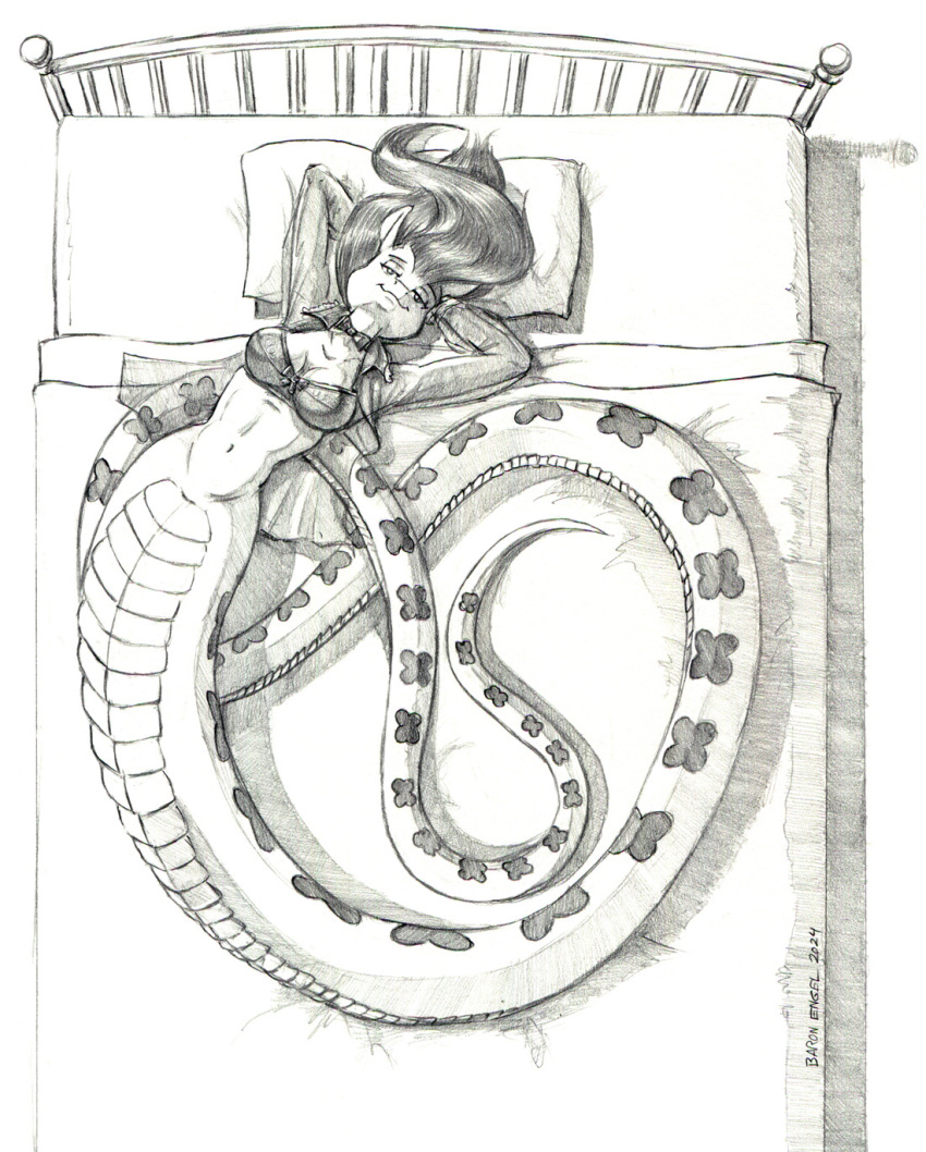 2024 anthro anthrofied apode baron_engel bed bottomless breasts cleavage clothed clothing draconcopode equid female fluttershy_(mlp) friendship_is_magic furniture greyscale hair hasbro heart_symbol hi_res high-angle_view hybrid legless looking_at_viewer mammal monochrome my_little_pony naga navel pillow reptile scalie serpentine snake solo