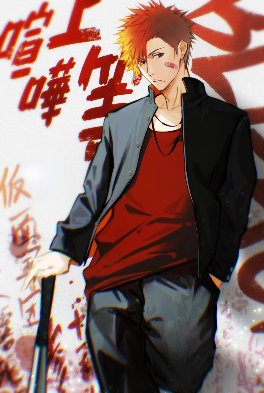 1boy absurdres bandaid bandaid_on_face baseball_bat black_jacket black_pants bleach blood blood_splatter brown_eyes closed_mouth collared_jacket earrings graffiti hair_between_eyes hand_in_pocket highres holding holding_baseball_bat ihsekodwww jacket jewelry kurosaki_ichigo long_sleeves looking_at_viewer male_focus necklace open_clothes open_jacket orange_hair pants red_shirt school_uniform shirt solo standing writing_on_wall