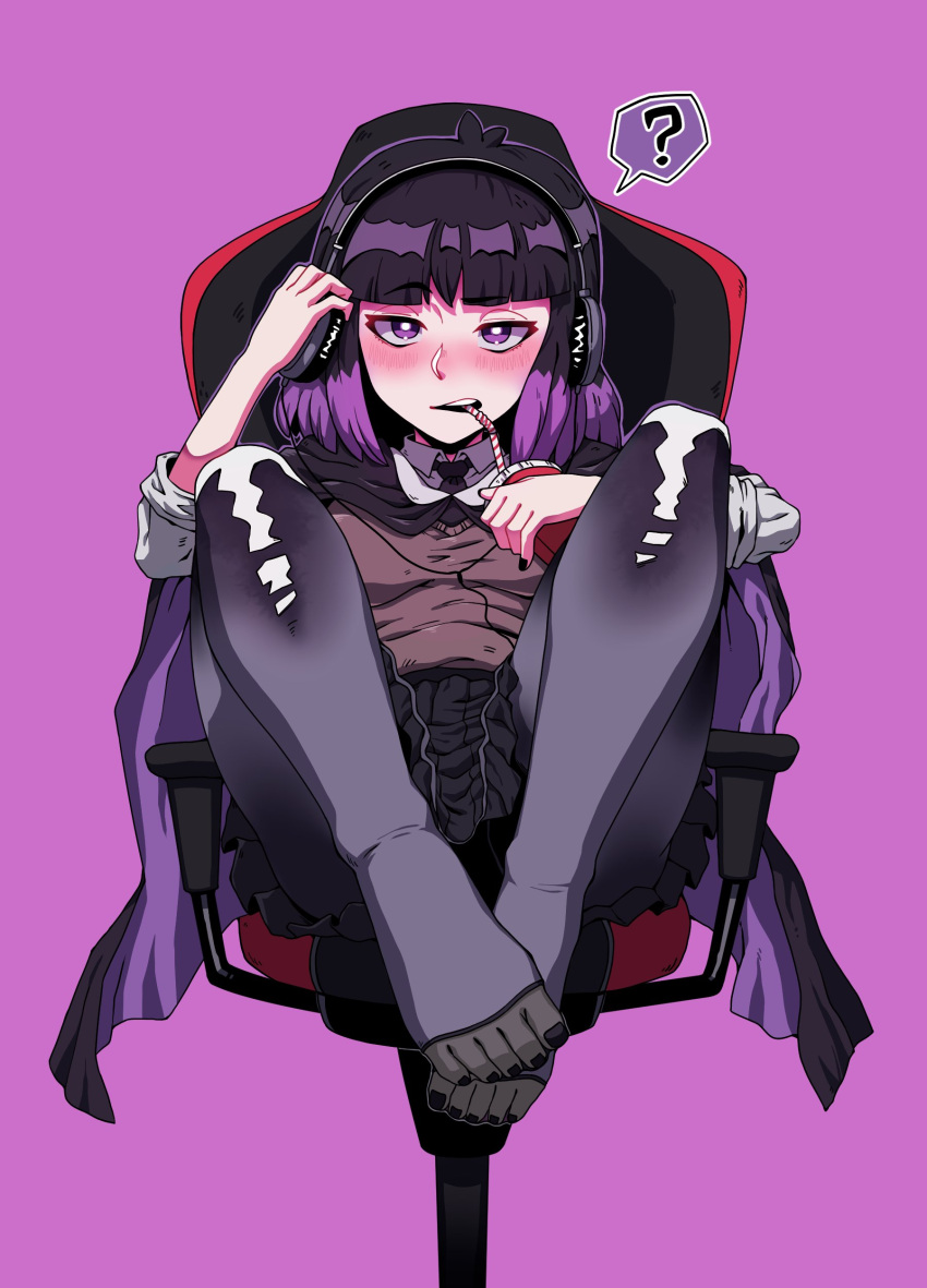 1girl ? absurdres black_cape black_giraffe black_hair black_nails black_necktie black_skirt blush brown_vest cape chair cup drinking_straw drinking_straw_in_mouth headphones highres hilda_(series) holding holding_cup kaisa_(hilda) looking_at_viewer multicolored_hair necktie pantyhose pleated_skirt purple_background purple_cape purple_eyes purple_hair shirt simple_background sitting skirt solo spoken_question_mark toes two-tone_cape two-tone_hair vest white_shirt