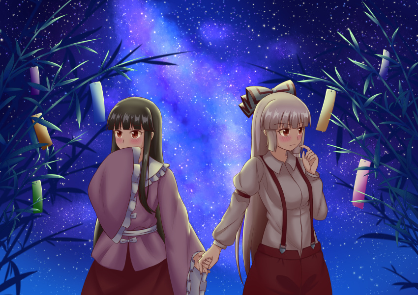 2girls absurdres bamboo black_hair blush bow collared_shirt commentary covering_own_mouth fujiwara_no_mokou grey_hair hair_bow hand_over_own_mouth highres holding_hands houraisan_kaguya long_hair long_sleeves multiple_girls night night_sky outdoors pants piaoluo_de_ying_huaban pink_shirt red_eyes red_pants red_skirt shirt skirt sky star_(sky) suspenders tanabata tanzaku touhou very_long_hair wide_sleeves yuri