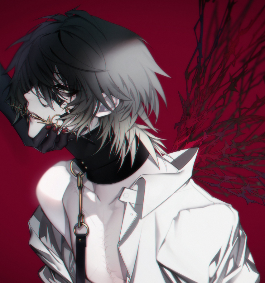 absurdres black_hair collar collarbone den_(xxxswampmanxxx) highres leash red_background red_nails shirt slow_damage thorns towa_(slow_damage) white_shirt