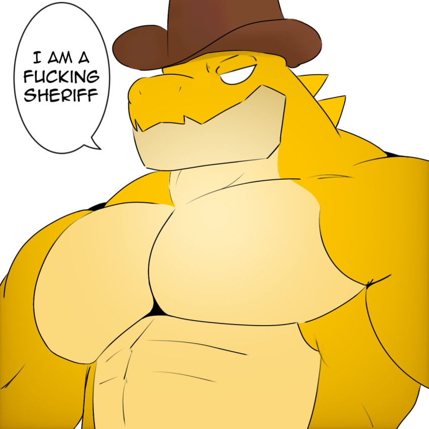 alligator alligatorid anthro big_pecs clothing cowboy_hat crocodilian gummigoo_(the_amazing_digital_circus) hat headgear headwear hi_res looking_at_viewer male muscular muscular_anthro muscular_arms muscular_male pecs profanity reptile scalie solo speech_bubble white_eyes zavrise