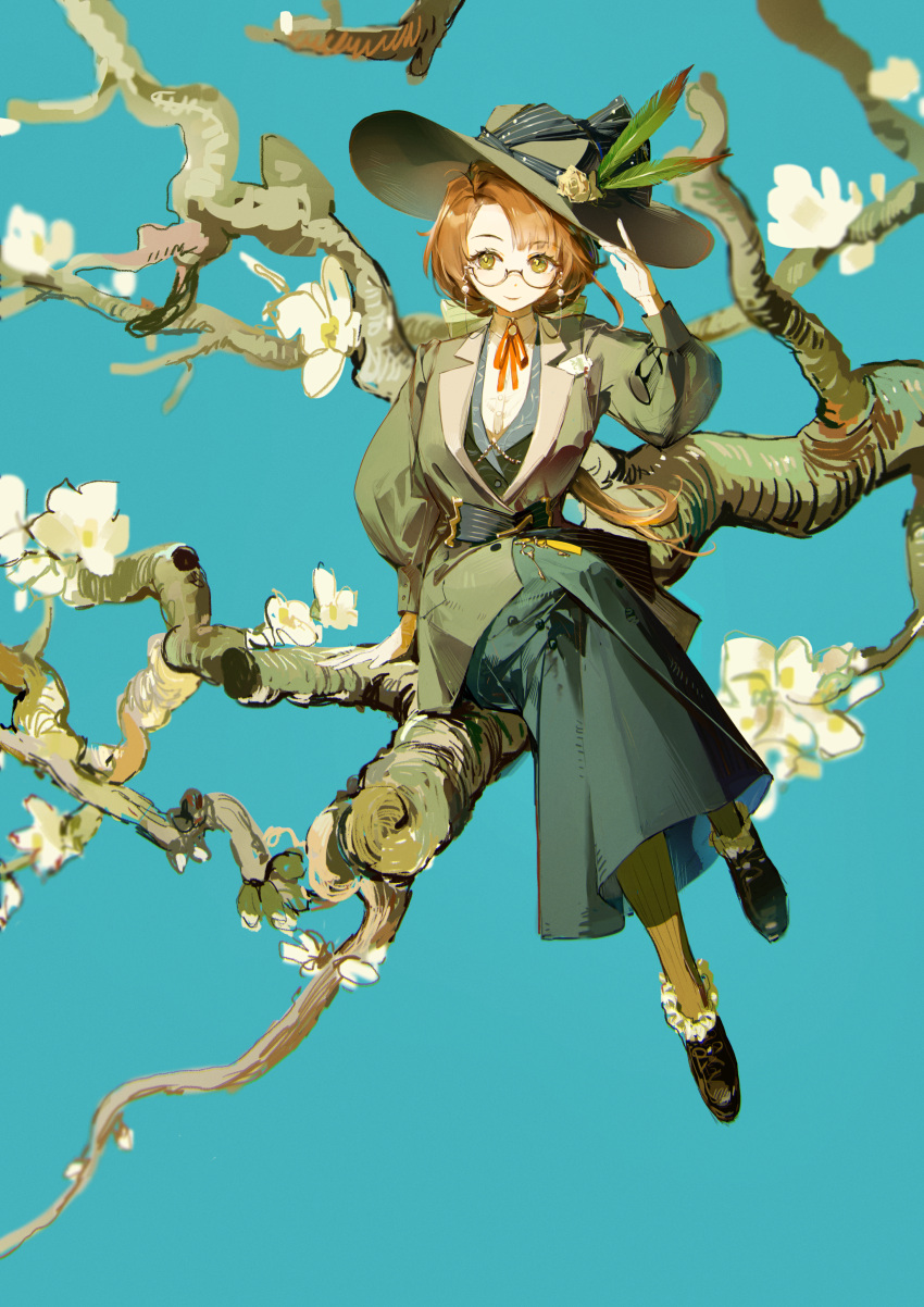 1girl absurdres almond_(flower) almond_blossoms_(van_gogh) aqua_background arm_support blue_vest bow branch brown_footwear brown_hair collared_shirt crossed_legs feathers flower full_body glasses green_eyes green_feathers green_headwear green_jacket green_skirt hair_bow hair_flower hair_ornament hand_on_headwear hat hat_feather highres jacket kakania_(reverse:1999) long_hair long_skirt long_sleeves looking_at_viewer low_ponytail neck_ribbon on_branch orange_pantyhose oversized_flower pantyhose puffy_long_sleeves puffy_sleeves qiang45042 red_ribbon reverse:1999 ribbon rose round_eyewear semi-rimless_eyewear shirt sitting skirt smile solo sun_hat vest waistcoat white_shirt yellow_bow yellow_flower yellow_rose