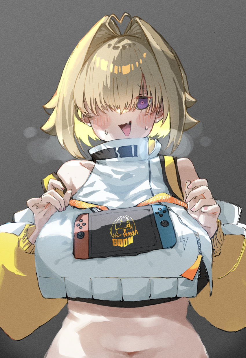 1girl absurdres ahoge black_sports_bra blonde_hair blush blush_stickers breasts breath commentary crop_top crop_top_overhang cropped_jacket detached_sleeves elegg_(nikke) fang goddess_of_victory:_nikke grey_background hair_intakes hair_over_one_eye highres jacket large_breasts long_bangs looking_at_viewer navel nintendo_switch object_on_breast open_mouth purple_eyes short_hair shun_hayakawa simple_background skin_fang solo sports_bra stomach sweat turtleneck upper_body white_jacket zipper zipper_pull_tab