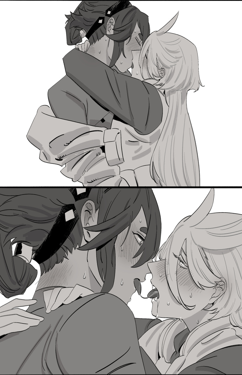 2girls absurdres after_kiss ahoge arms_around_neck blush commentary_request drooling ear_blush eye_contact french_kiss greyscale gundam gundam_suisei_no_majo hairband hand_on_another's_shoulder highres hug kiss korean_commentary long_hair long_sleeves looking_at_another miorine_rembran monochrome multiple_girls neck_blush saliva saliva_trail snapagi suletta_mercury sweat thick_eyebrows tongue tongue_out upper_body yuri